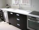 White acrylic bench, doors with recessed handles